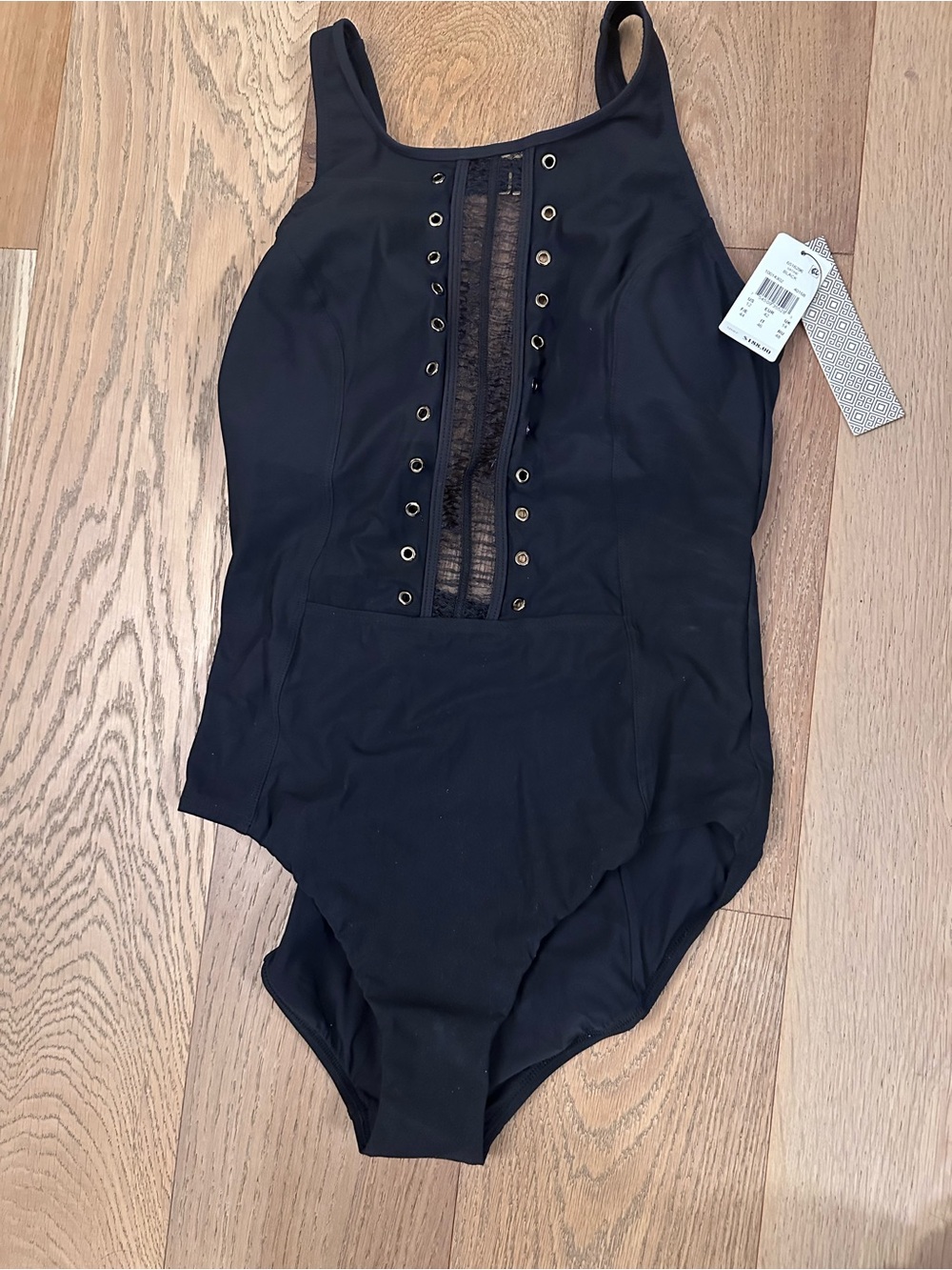 Black One-Piece Swimsuit with Sheer Front Panel, 12, NWT